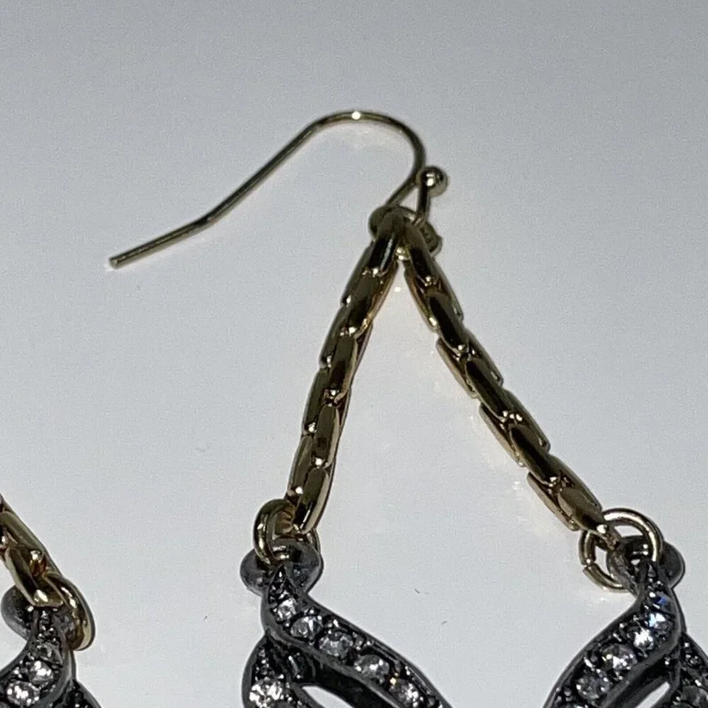 Feather Earrings Silver & Gold Tone Crystal Long Drop Statement Signed ls A246‎